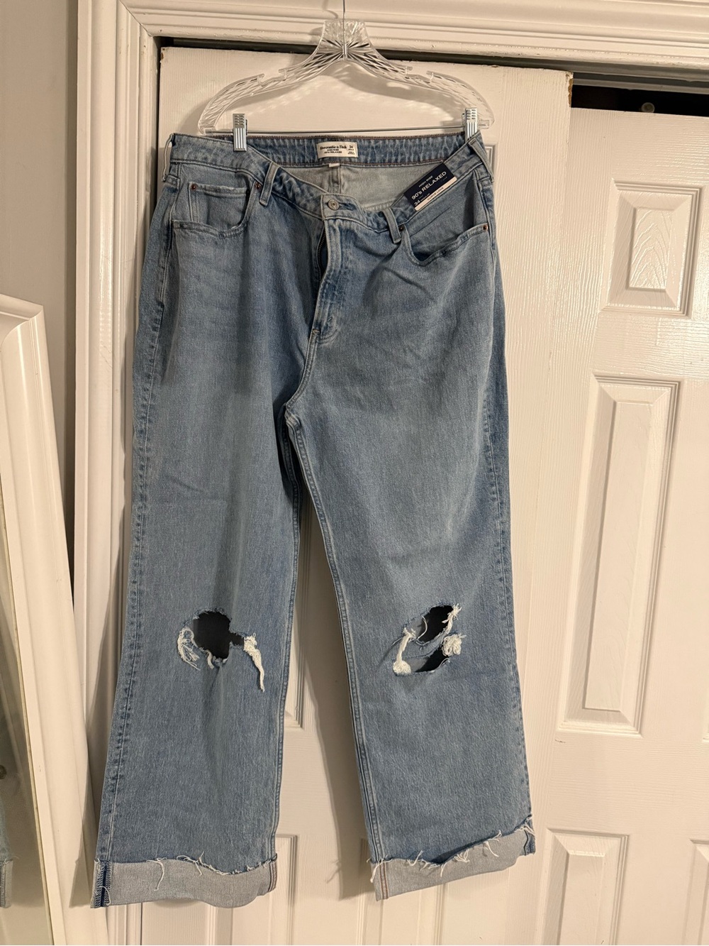 Abercrombie & Fitch Light Blue Relaxed Straight Jeans with Knee Rips